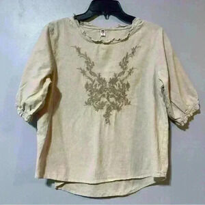 Women Ethnic Cotton Embroidery Loose T-shirts Tops 3/4 Sleeve Blouse Tops Thin L